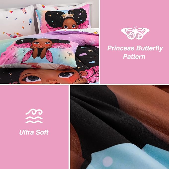 A Nice Night Black Girl Princess with Wings Comforter Set,Pink Gradient Glitter Rainbow Galaxy 6pcs Kids Bedding Set,Full