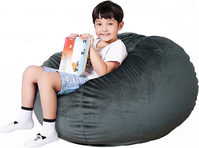 Lukeight Stuffed Animal Storage Bean Bag Chair Cover for Kids, Zipper Beanbag Chair Cover for Organizing Toddler & Kids' Rooms Plush Toys (Dark Gray Velvet, XX-Large)