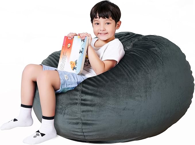 Lukeight Stuffed Animal Storage Bean Bag Chair Cover for Kids, Zipper Beanbag Chair Cover for Organizing Toddler & Kids' Rooms Plush Toys (Dark Gray Velvet, X-Large)