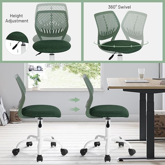 FurnitureR Kids Desk Chair, Home Office Chair Small Armless Cute with Padded Fabric Cushion and Plastic Mid Back Rolling Adjustable Swivel Computer Task Chair for Child Student, Dark Green