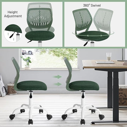 FurnitureR Kids Desk Chair, Home Office Chair Small Armless Cute with Padded Fabric Cushion and Plastic Mid Back Rolling Adjustable Swivel Computer Task Chair for Child Student, Dark Green