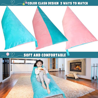 Stuffed Animal Storage Bean Bag Chair Cover, Velvet Pink Lake Blue Plush Toy Storage Stuff and Sit Seat for Kids/Teens/Adults, 52" x 31" Extra Large Triangle Floor Sofa, 200L/52Gal, Cover Only