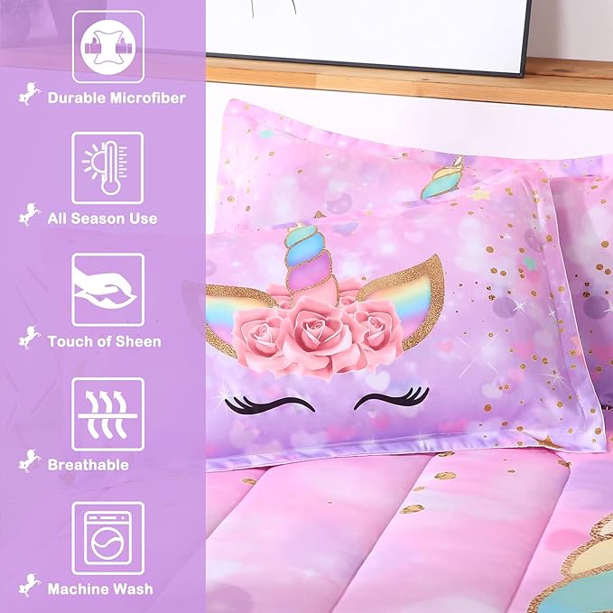 Unicorn Comforter Set 3pc Pink Flower Girl Soft Unicorn Kid's Bedding Sets