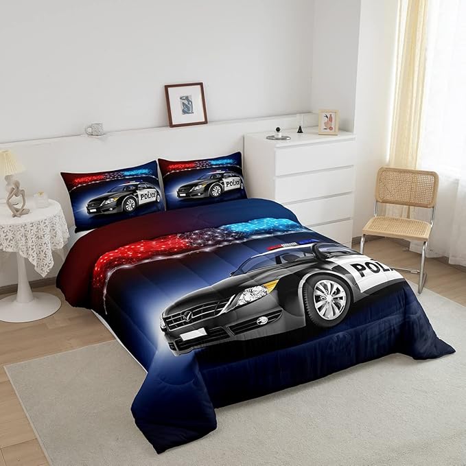 Erosebridal Police Car Comforter Sets King Size,Policeman Vehicle Bedding Set for Kids Boys Children,Red Blue Cop Lights Down Comforter Geometric Graphics Duvet Sets Bedroom Decor with 2 Pillow Cases