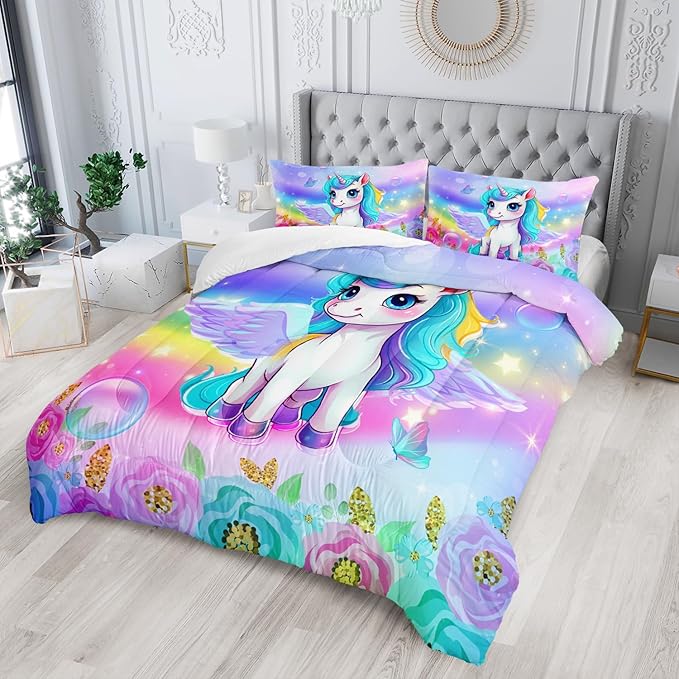 Kid Unicorn Comforter Set Twin/Full/Queen Size 3Pcs Butterfly Rainbow Flower Star Pattern Quilt Bedding Set for Boys Girls with 1 Comforter and 2 Pillowcases