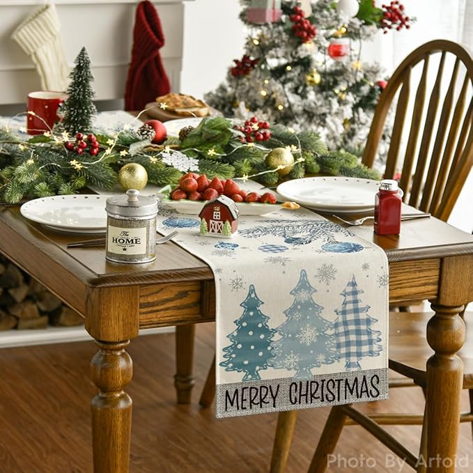 Artoid Mode Blue Pine Trees Merry Christmas Table Runner, Winter Xmas Holiday Kitchen Dining Table Decoration for Home Party Decor 13x72 Inch