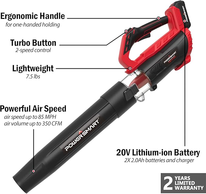 PowerSmart 20V Cordless Leaf Blower with 2 Batteries and Charger, Blowers for Lawn Care, Snow Blowing & Yard Cleaning