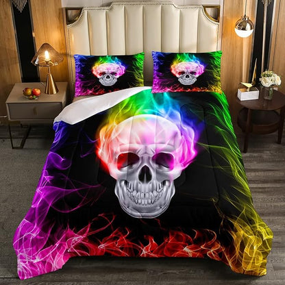 Erosebridal Skull Comforter Set, Skeleton Bones Bedding Set Twin Size Halloween Horror Gold Flame Duvet Sets for Kids Teens Adult Bedroom Decor, Gothic Spooky Bedding Comforters, Warmth Soft