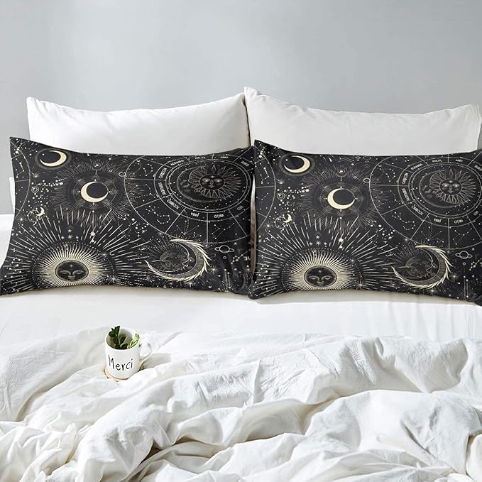 Erosebridal Bohemian Sun Moon Comforter Set, Constellation Down Comforter King Size, Starry Sky Quilted Duvet, Exotic Style Black Room Decor Duvet Insert,Super Soft Breathable Bedding Set
