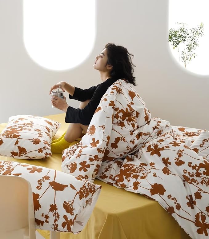 Botanical Comforter Queen White Pumpkin Floral Plant Bedding Comforter Set Girls Garden Pattern Printed on White Blanket Rustic Leaf Blossom Women White Farmhouse Comforter Queen