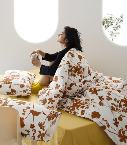 Botanical Comforter Queen White Pumpkin Floral Plant Bedding Comforter Set Girls Garden Pattern Printed on White Blanket Rustic Leaf Blossom Women White Farmhouse Comforter Queen