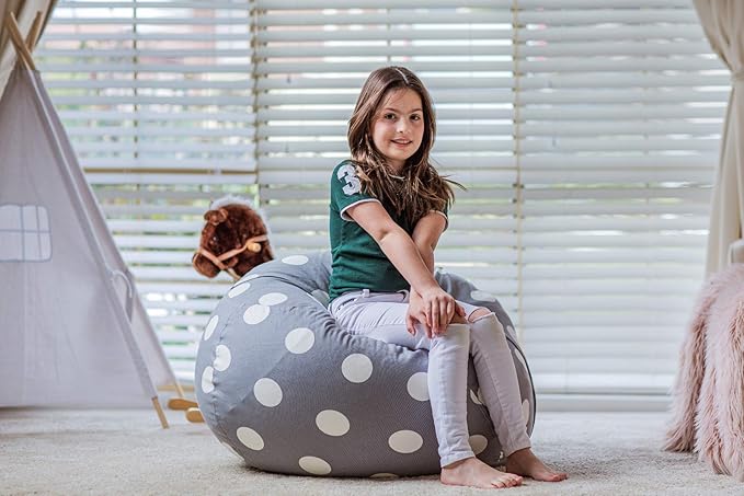 Wekapo Stuffed Animal Storage Bean Bag Chair Cover for Kids | Stuffable Zipper Beanbag for Organizing Children Plush Toys Large Premium Cotton Canvas (Gray Dot, X-Large)