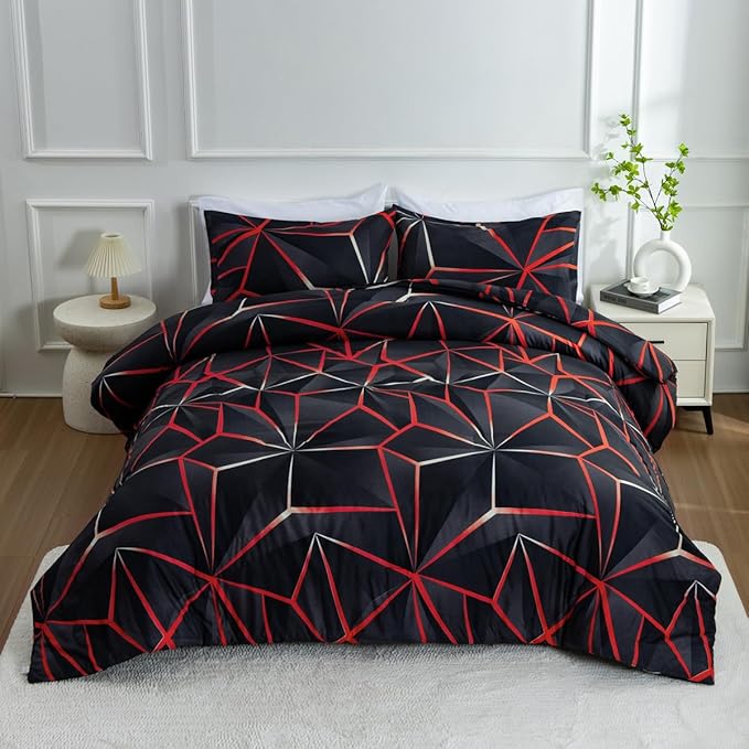 NTBED 3D Geometric Comforter Set for Boys Girls Kids, Irregular Diamond Pattern Lightweight Microfiber Bedding Sets All Season (Red, Twin)