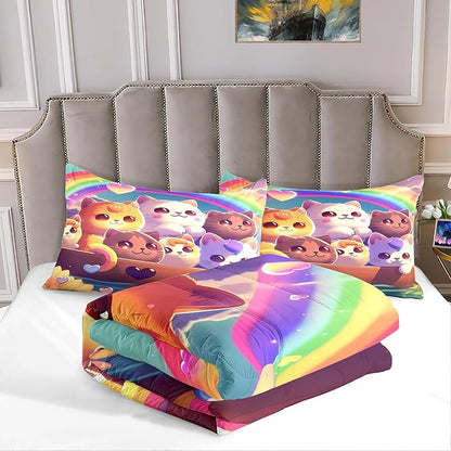 Cat Bedding Set Queen Size, Cartoon Cat Comforter Set, Lovely Animal Pattern and Rainbow Prints Bedding Sets for Kids Girls Kawaii Cat Queen Size Quilt Sets with 2 Pillowcases