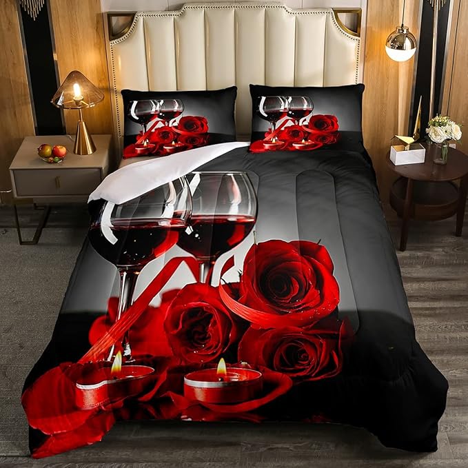 Rose Wine Glass Comforter Set for Girls Red Black Rose Bedding Set Queen Size Floral Blossom Quilt Set Banquet Flower Romantic Valentine's Day Duvet Set, Women Men Adult Grey Comforter Set