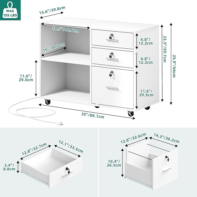 DWVO 3 Drawer File Cabinet with Charging Station, Mobile Filing Cabinet with Lock, White