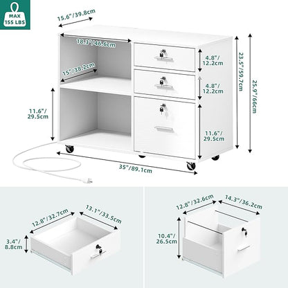DWVO 3 Drawer File Cabinet with Charging Station, Mobile Filing Cabinet with Lock, White