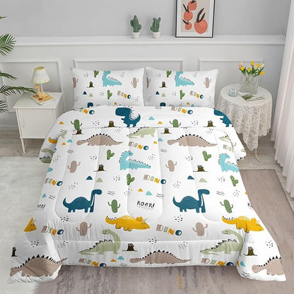 Datura home Dinosaur Comforter Set White Kawaii Dinosaur Printed Quilt Bedding Set with 1 Comforter and 2 Pillowcases for Boys and Girls Bedroom All Season(White Dinosaur Twin)