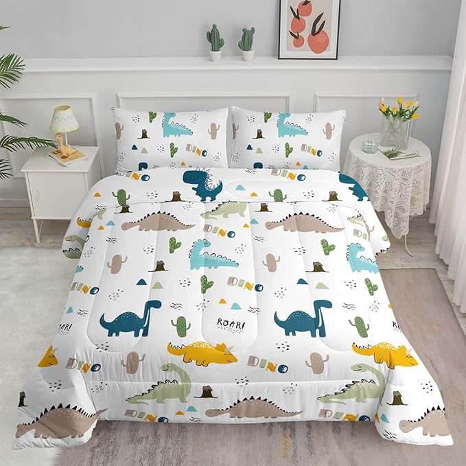 Datura home Dinosaur Comforter Set White Kawaii Dinosaur Printed Quilt Bedding Set with 1 Comforter and 2 Pillowcases for Boys and Girls Bedroom All Season(White Dinosaur Full)