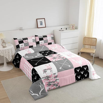 Pink Camo Deer Silhouette Kids Comforter Set King Size,Rustic Farmhouse Animals Hunting Bedding 3pcs for Boys Girls Room Decor,Antlers Boho Arrow Geometric Plaids Patchwork Duvet Insert,2 Pillowcases