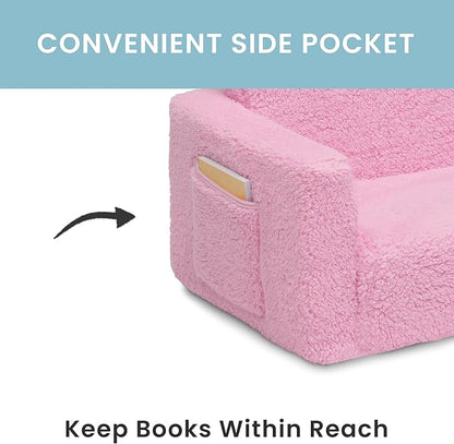 Delta Children Cozee Flip-Out Sherpa 2-in-1 Convertible Chair to Lounger for Kids, Pink