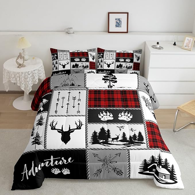 Deer Antlers Comforter Set Queen Size,Bear Paws Pine Trees Xmas Bedding Set for Kids Boys Girls Adults Room Decor,Lattices Patchwork Rustic Farmhouse Down Comforter,Red Duvet Insert,2 Pillowcases