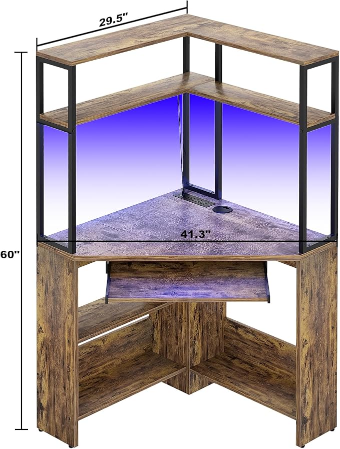 Cyclysio Small Corner Desk with Hutch, Heavy Duty Corner Computer Desk with Power Outlets & LED Light, Triangle Corner Gaming Desk with Keyboard Tray for Home Office, Small Space, Workstation Brown