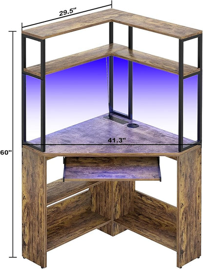 Cyclysio Small Corner Desk with Hutch, Heavy Duty Corner Computer Desk with Power Outlets & LED Light, Triangle Corner Gaming Desk with Keyboard Tray for Home Office, Small Space, Workstation Brown
