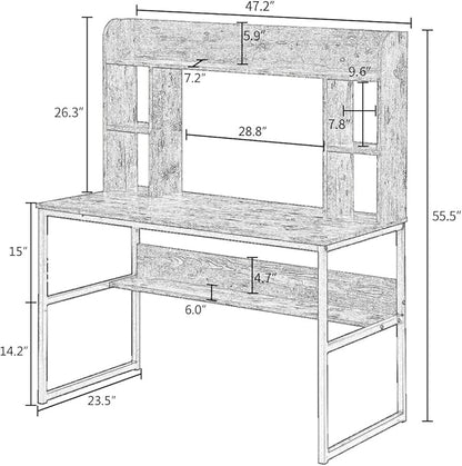 Merax Office Desk with Hutch and Shelf, 47 inch, Large Workstation, Rustic Home Furniture with Storage, 47.2" L x 23.6" W x 55.1" H, Brown