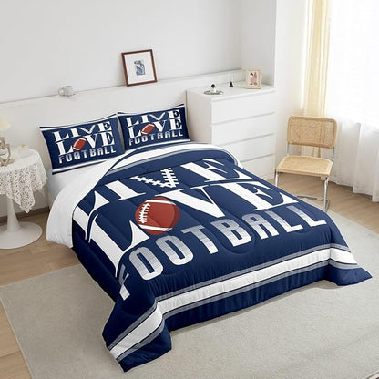 Feelyou Rugby Sports Bedding Set Queen Size Football Comforter Set for Kids Boys Girls Decor Soccer Ball Game Comforter Microfiber American Football Player Duvet Set Bedroom Quilt Set