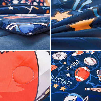 Sports Comforter Set with Sheet, 6 Pcs Bed in A Bag Twin Size Soccer Basketball Baseball Football Bedding Set for Boys Kids