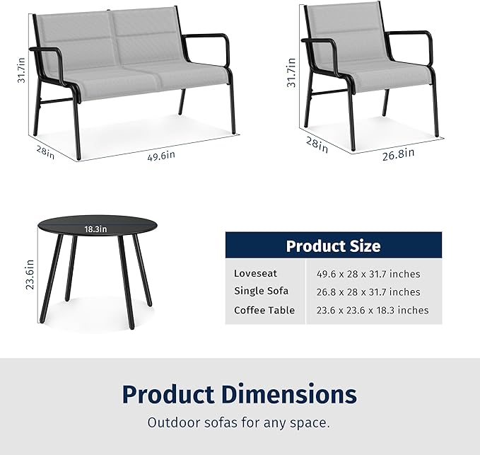 EAST OAK 4-Piece Patio Furniture Set, Waterproof Outdoor Furniture Set, Patio Sofa with Coffee Table for Balcony or Porch, 4 Seats Patio Conversation Sets for Backyard in Grey