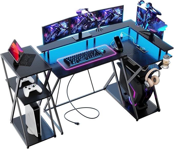 47 Inch L Shaped Gaming Desk L Desk Gaming Desk with Led Lights Computer Desk with Power Outlets Gaming Table Corner Desk for Bedroom Small Desk for Home Office,Black