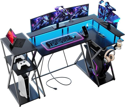 47 Inch L Shaped Gaming Desk L Desk Gaming Desk with Led Lights Computer Desk with Power Outlets Gaming Table Corner Desk for Bedroom Small Desk for Home Office,Black