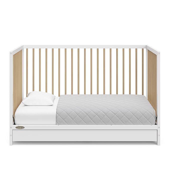 Graco Teddi 5-in-1 Convertible Crib with Drawer (White with Driftwood) – GREENGUARD Gold Certified, Crib with Drawer Combo, Full-Size Nursery Storage Drawer, Converts to Toddler Bed