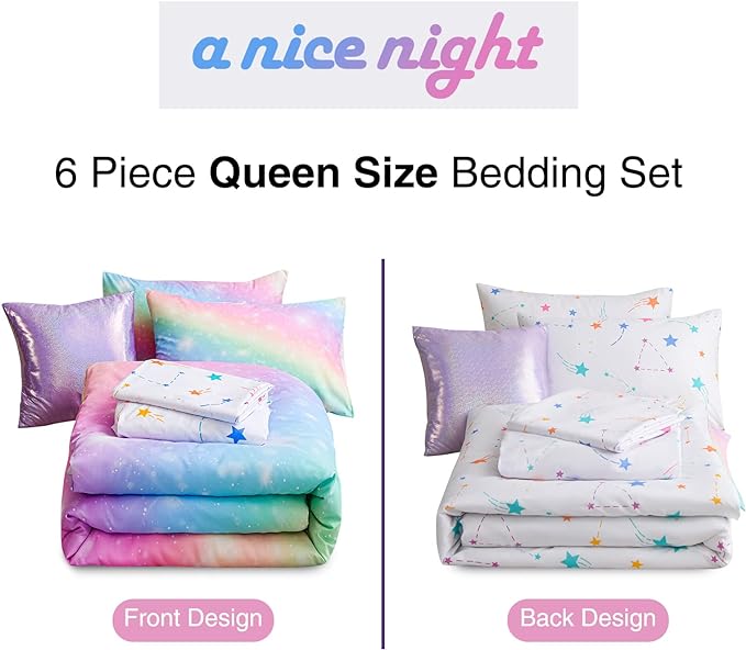 A Nice Night 6Pcs Gradient Glitter Bedding Set for Girls, Colorful Rainbow Galaxy Comforter Set, Ultra Soft Bedding Sets (Pink,Queen 6Pcs)