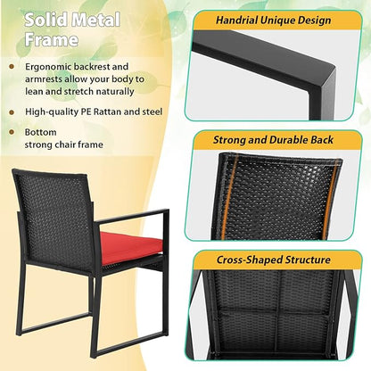 FDW Patio Furniture Sets 3 Piece Outdoor Bistro Set Wicker Patio Chairs Rattan Outdoor Furniture for Backyard Porch Poolside Lawn,Red Cushion