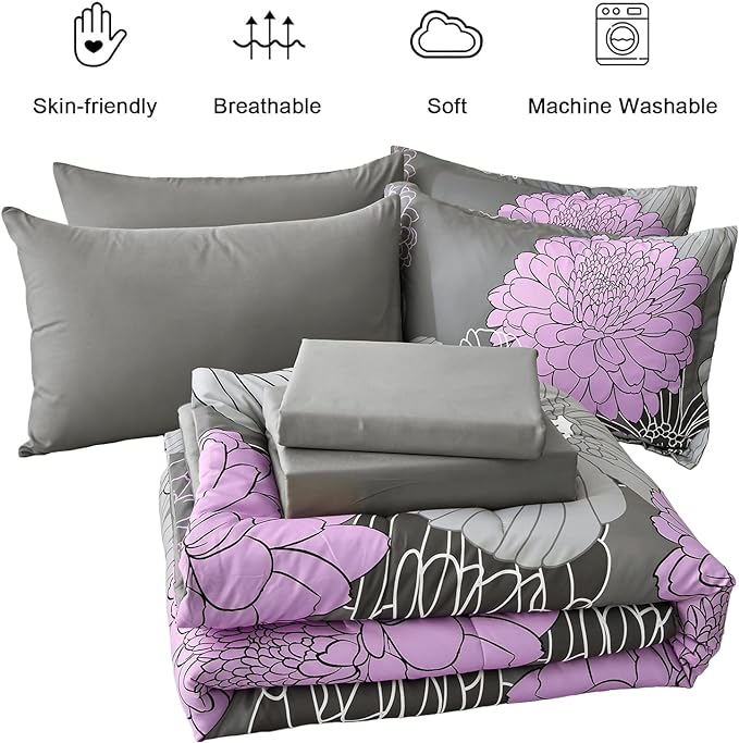 Yiran King Size Comforter Set Grey Purple Comforter Floral Bedding Comforter Set 7 Pieces Soft Microfiber Bed Set for All Seasons 103"×90"