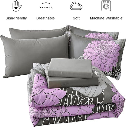 Yiran King Size Comforter Set Grey Purple Comforter Floral Bedding Comforter Set 7 Pieces Soft Microfiber Bed Set for All Seasons 103"×90"