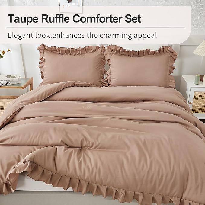 Andency Taupe Twin Size Comforter(66x90Inch), 2 Pieces(1 Ruffle Comforter and 1 Pillowcase) Solid Farmhouse Shabby Chic Comforter, Lighteweight and Soft Microfiber Bedding Set