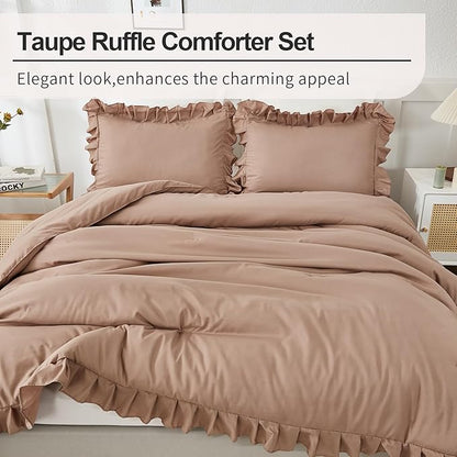 Andency Taupe Twin Size Comforter(66x90Inch), 2 Pieces(1 Ruffle Comforter and 1 Pillowcase) Solid Farmhouse Shabby Chic Comforter, Lighteweight and Soft Microfiber Bedding Set