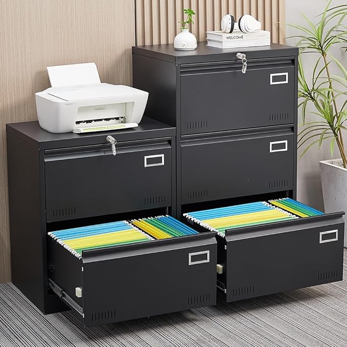 2 Drawer Lateral Lock and Card Holder, Multifunctional Metal Filing Cabinets w/Heavy 3 Section Slide Rail & Breathable Holes,for Legal/Letter/A4,Black