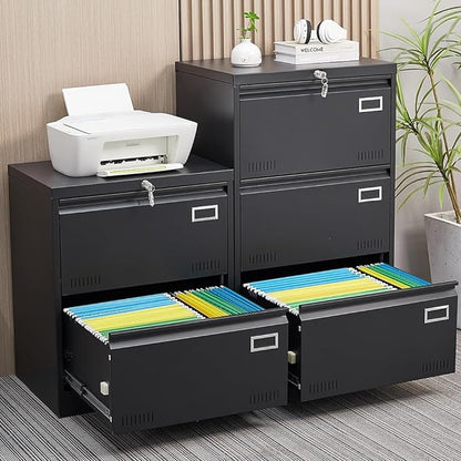 2 Drawer Lateral Lock and Card Holder, Multifunctional Metal Filing Cabinets w/Heavy 3 Section Slide Rail & Breathable Holes,for Legal/Letter/A4,Black