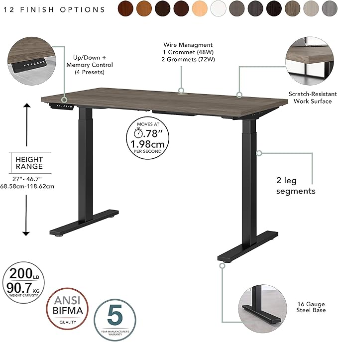 Bush Business Furniture Move 60 Electric Ergonomic Sit-Stand Computer Table for Home and Professional Office, 48W x 24D, Modern Hickory
