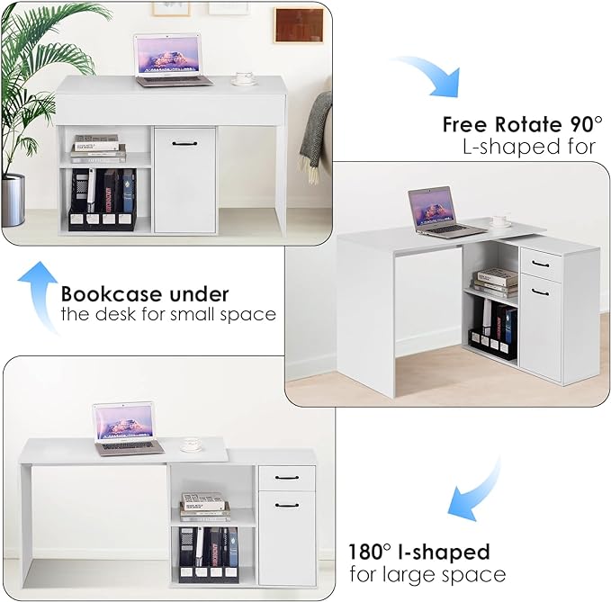 L-Shaped Rotating Computer Desk 68 inch with Storage Shelves Home Office Corner Desk with Drawers and File Cabinet Multipurpose Study Writing Table for Bedroom Small Space White