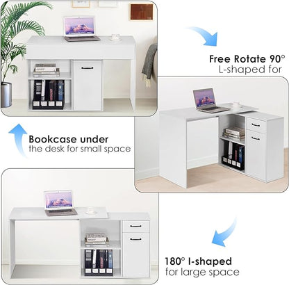 L-Shaped Rotating Computer Desk 68 inch with Storage Shelves Home Office Corner Desk with Drawers and File Cabinet Multipurpose Study Writing Table for Bedroom Small Space White