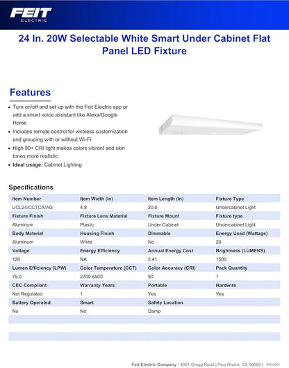 Feit Electric Under Cabinet Lighting 20" LED Light Fixture, Works with Alexa/Google Home, Frost Lens Kitchen Cupboard Night Light, Linkable up to 8, 20 Watts, 90 CRI, 1500 Lumens, White UCL24/CCTCA/AG