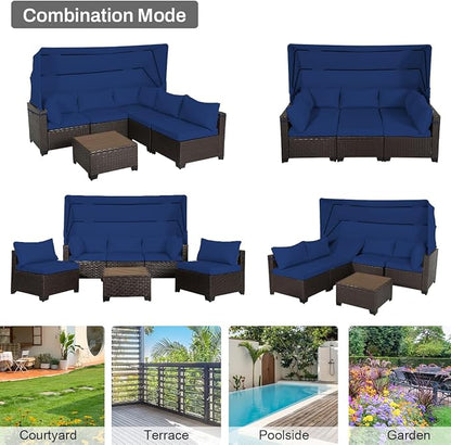 6 PCS Outdoor Patio Furniture Set,Sectional Sofa Set,Rattan Daybed with Retractable Canopy,Adjustable Backrest,Storage Coffee Table,Chaise Chair Sunbed for Garden Poolside Backyard(Dark Blue)