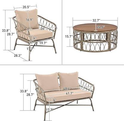 Merax Outdoor Patio Furniture Sets, Bohemia-Inspired Wicker Conversation Seating Group, with Soft Cushions and Wood Tabletop, 4 PCS, Beige