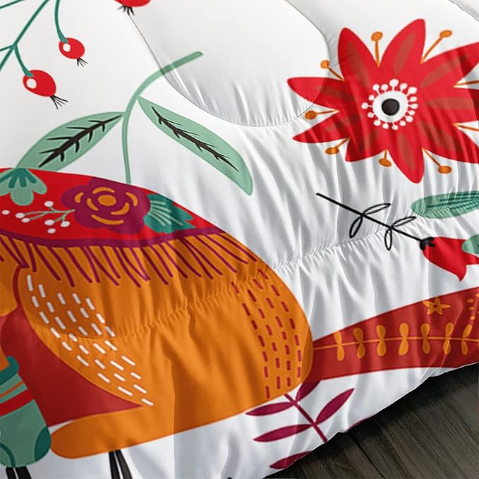 Cartoon Fox Comforter Set 3-Pieces Cute Fox Bedding Set Plants Leaves Printed Quilt Set for Kids Boys Girls with 2 Pillowcases Twin